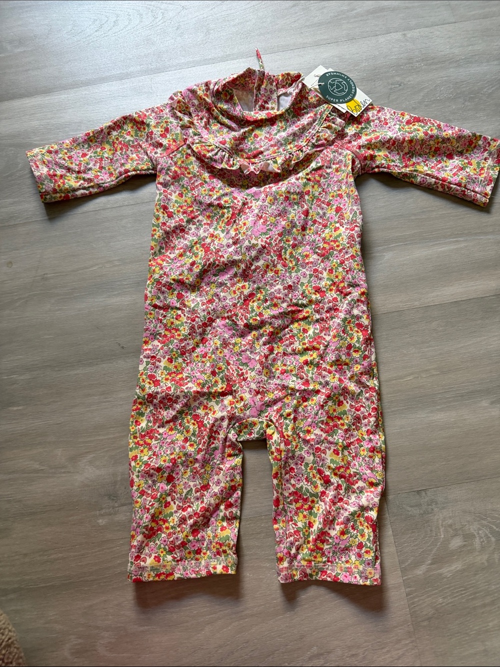 NWT Boden Pink Multi Floral Ruffle Neck Swim Romper size 18-24 months